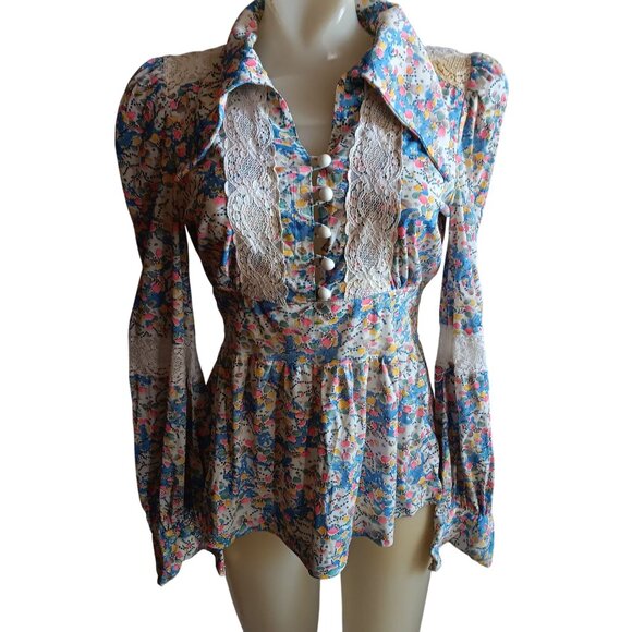 Women's Medium 1OF1 Peplum Blouse Vintage Boho Peasant Floral Lace Trim Tie Back - Picture 1 of 10